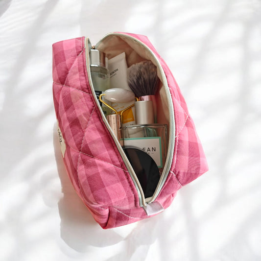 Quilted Makeup Bag - Pink & Red Checkered