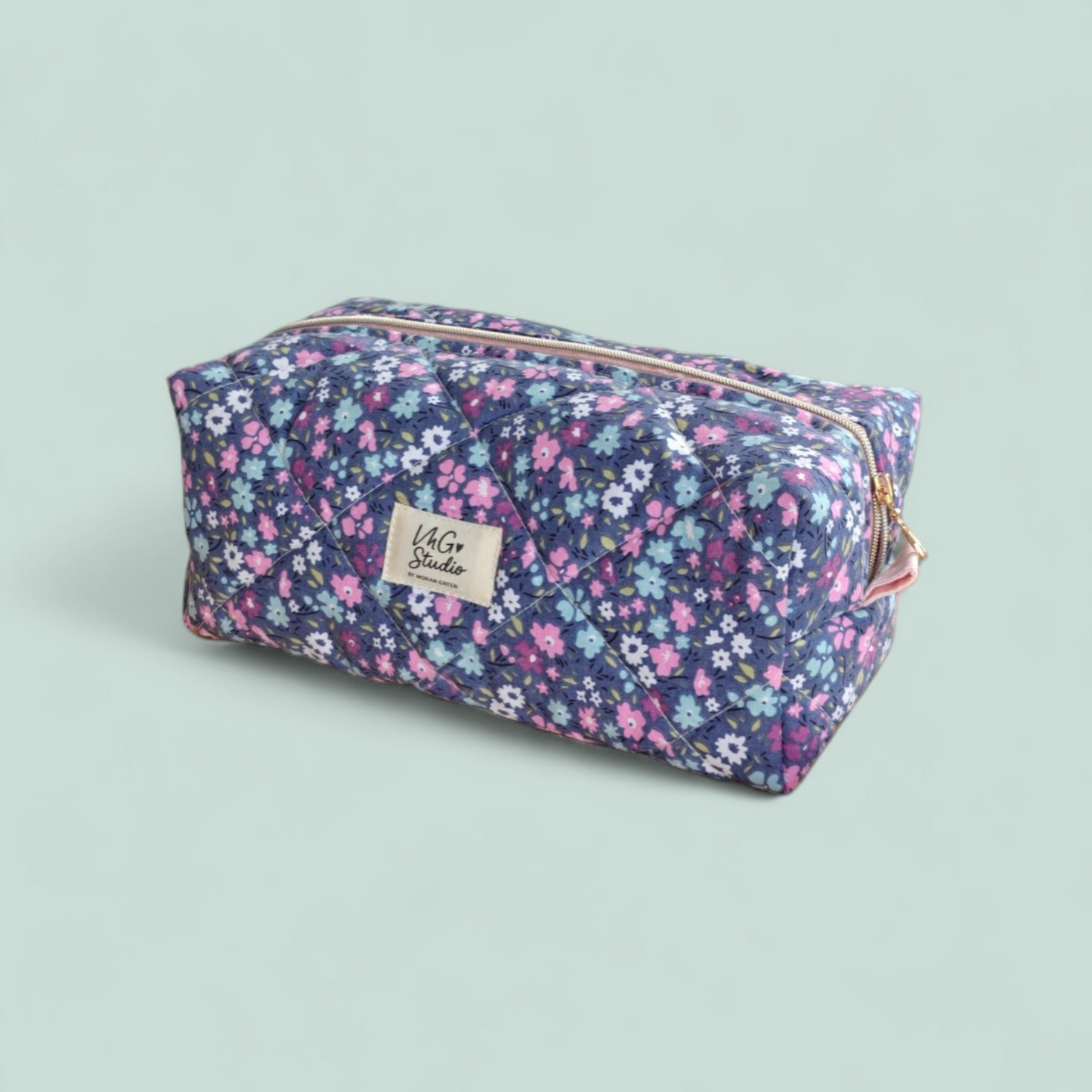 Quilted Makeup Bag - Pink Blue Floral