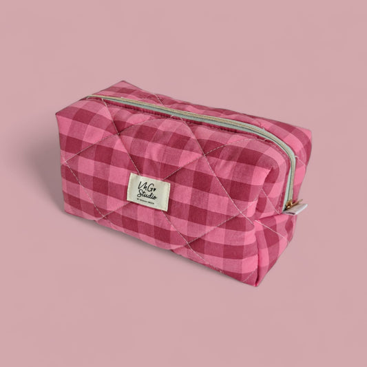 Quilted Makeup Bag - Pink & Red Checkered